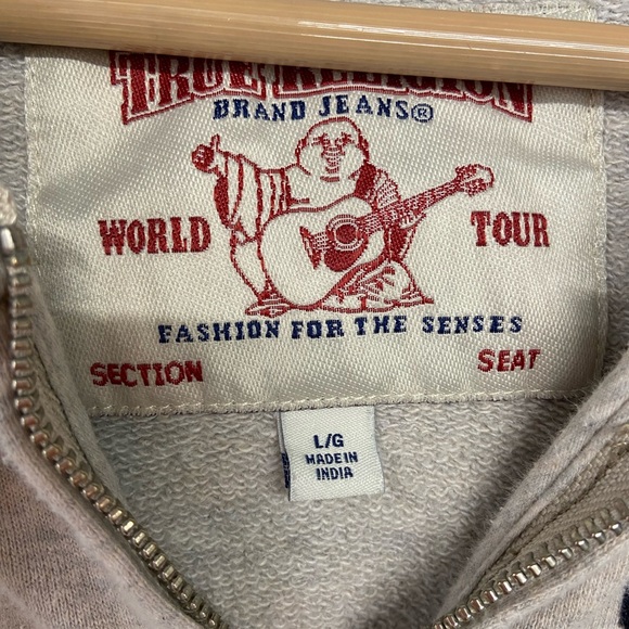 True Religion Gray Men's Flocked Classic Buddha Logo Full Zip Up Hoodie Large - Picture 5 of 6